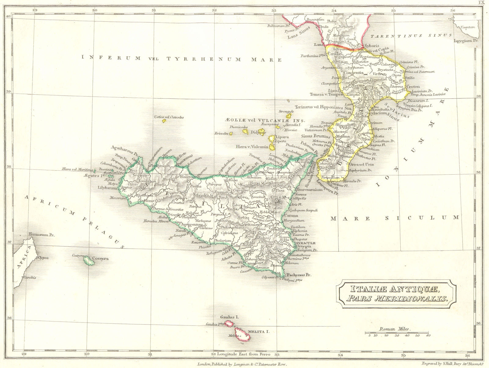 ITALY. Italiae Antiquae Pars Meridionalis 1847 old antique map plan chart